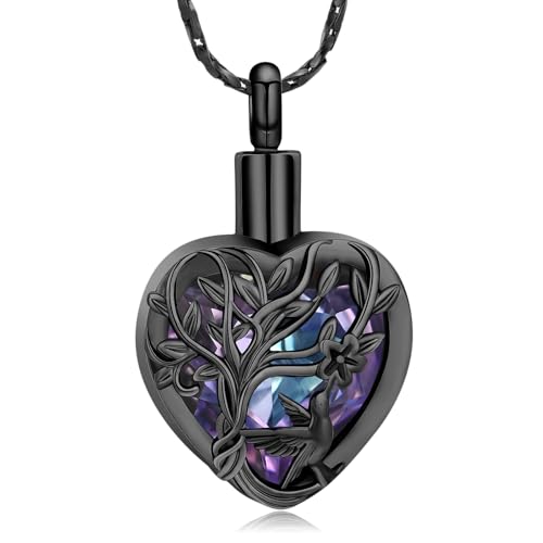 Imrsanl Tree of Life Cremation Jewelry Crystal Heart Urn Necklace Black-Purple