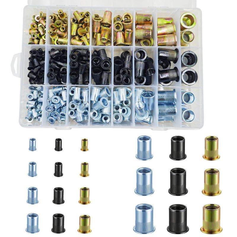 Wensilon Rivet nut kit Metric (336PCS) Black zinc Yellow zinc Blue White Galvanized Finish Flat Head Rivet nut kit Thread Insertion nut Roller Body (M3 M4 M5 M6 M8 M10 M12) ﻿ Metric Kit Mix