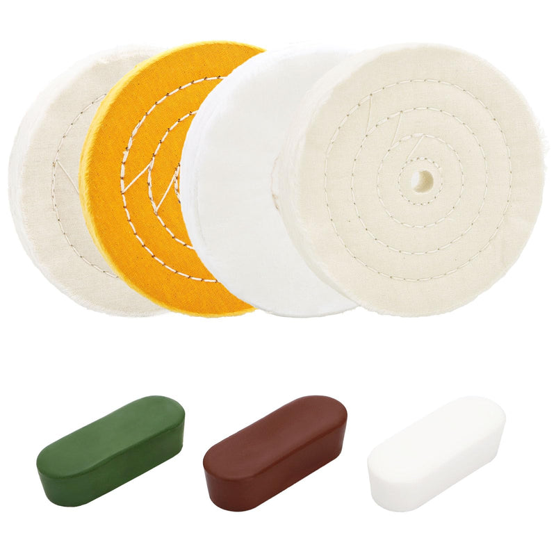 [Australia - AusPower] - Hedume 7 Pcs 6" Polishing Wheels Kit for Bench Grinder, 1/2" Arbor Hole 2 White Cotton Polish Wheel(70Ply), 1 Yellow Cotton Wheel(42Ply), 1 Soft Flannel Buffing Wheel(30Ply), 3 Polishing Compound Set 