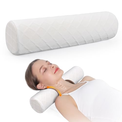 Cozyhealth Cervical Roll Pillow, Medium Soft Memory Foam Neck Round Pillow Cylinder Bolster Pillow for Sleeping, Round Neck Support for Bed, Legs, Back and Yoga (White, Large - 4.7" H) White