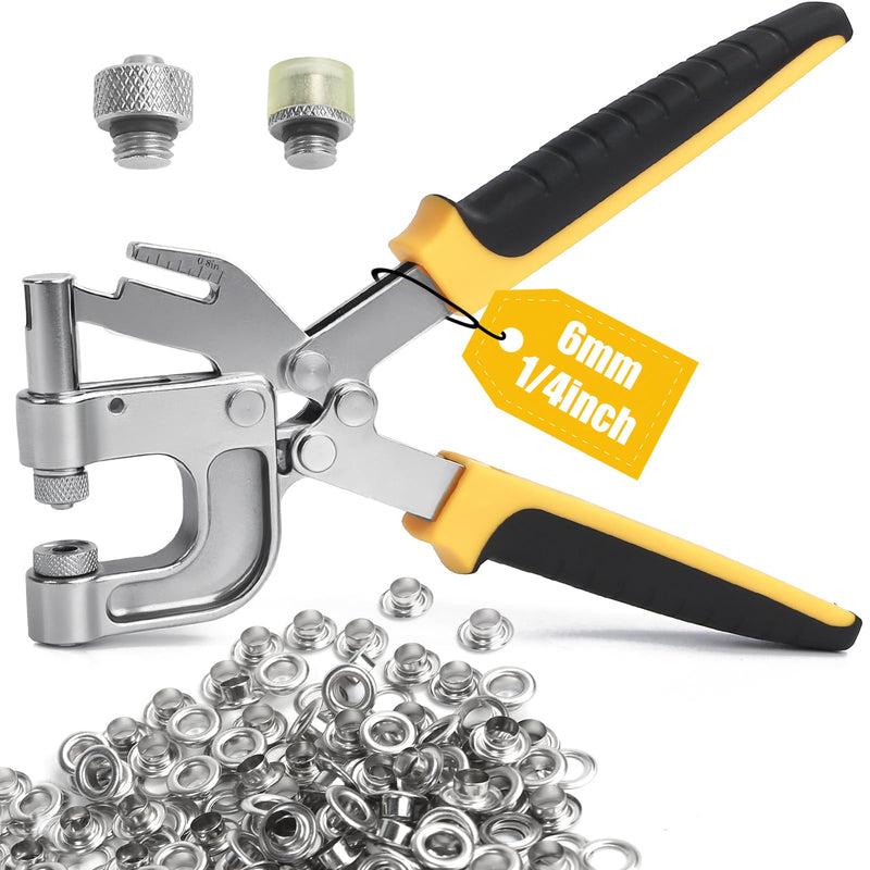 [Australia - AusPower] - Grommet Tool Kit w/Built-in Grommet Punch - 1/4 inch Tarp Grommet Kit, 6mm Grommet Tool Heavy Duty with 200pcs Copper Grommets, Eyelet Tool for Fabric Leather Clothes 