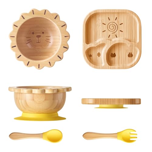 Suction Plates Bowls Set for Baby Toddler Non-Toxic Bamboo Feeding Set with Silicone Fork & Spoon (Yellow Feeding Set) Yellow Feeding Set