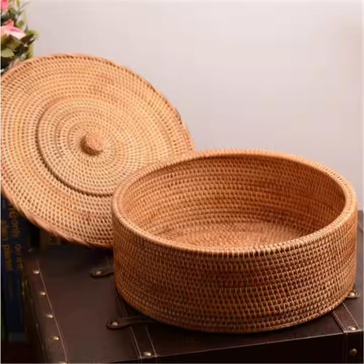 Handmade Natural Rattan Basket With Rattan Lid for Food Storage Container Vietnam Handicraft (Large)