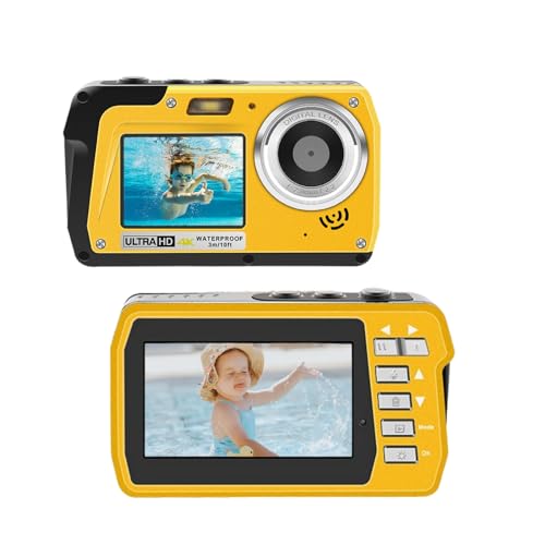 4K Underwater Camera, Full HD 4K&48MP Compact, 10FT Waterproof Camera for Snorkeling, Surfing, Rafting, Dual-Screen for Selfie/16X Digital Zoom/Fill Light/Support 128GB （Yellow） Yellow