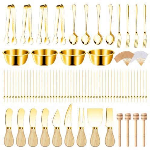 169 Pcs Charcuterie Boards Accessories Gold Charcuterie Utensils Cheese Butter Spreader Knife Set Small Serving Tongs Forks and Spoons Dipping Bowls Honey Dipper Toothpick Flags Cocktail Picks