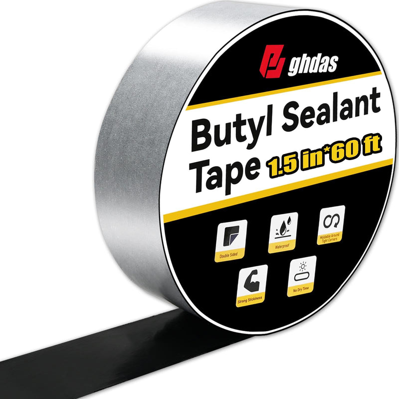 Bghdas - 1 Pack Butyl Sealant Tape 1 1/2" X 60' - Double Sided - Black Vapor Barrier Butyl Tape for Wall of Crawl Space, Rv Windows, Deck Boat, Crawlspace (Waterproof, Weatherproof) 1.5