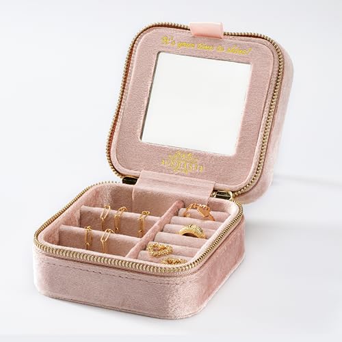 Luxury Travel Jewelry Case - Plush Velvet Jewelry Box - Travel Jewelry Organizer with Mirror - Gifts for Women, Mom, Wife, Girlfriend, Her – Petal Pink