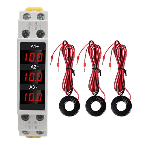 Three Phase Ammeter, Digital DIN Rail LED Display, 3 Sensors, AC 80-500V, 1-100A, 3 Phase