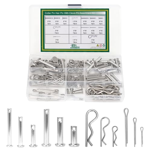 ROSINL 122-piece clevis pin and cotter pin assortment in 15 metric sizes, organized in a storage case
