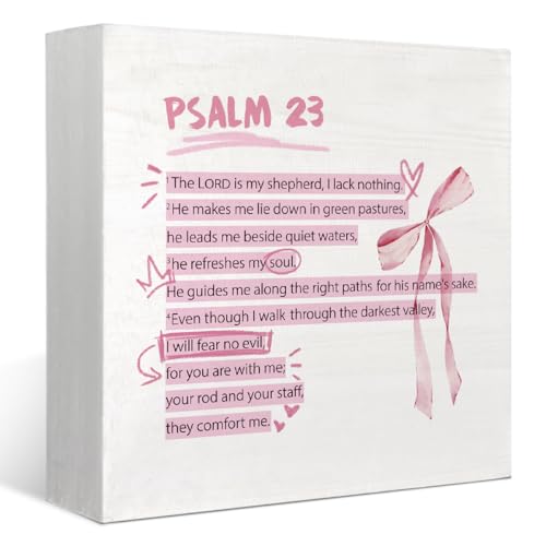 Inspirational Bible Verse Wooden Box Sign, Christian Gifts for Women Faith, Prayer Gifts for Women, Pink Prayer Christian Decor Sign for Girls Room College Apartment Dorm Decoration Psalm 23(white)