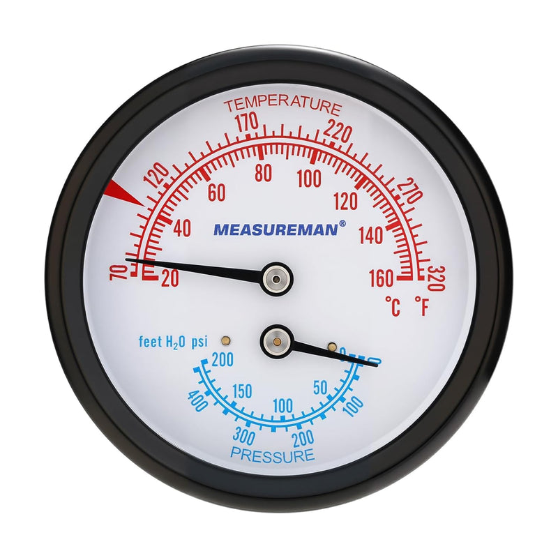 [Australia - AusPower] - MEASUREMAN Commercial Tridicator Boiler Gauge Kit, 2.5" Dial, 0-200 PSI (ft H₂O) & 70-320°F, 1/4" NPT Back Mount with 1/2" NPT Adapter and O-Ring（2.95'' Stem） 0-200 PSI 70-320°F 2.95'' Stem 