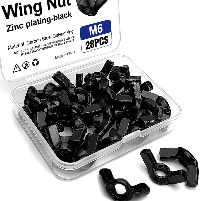 [Australia - AusPower] - 28PCS M6 Metric Wing Nuts kit, Zinc Plating-Black Wing Nuts Butterfly Fasteners, Hand Twist Tighten Ear Butterfly Nut Kitfor Easy Assembly and Secure Fit Furniture 28Pcs M6 