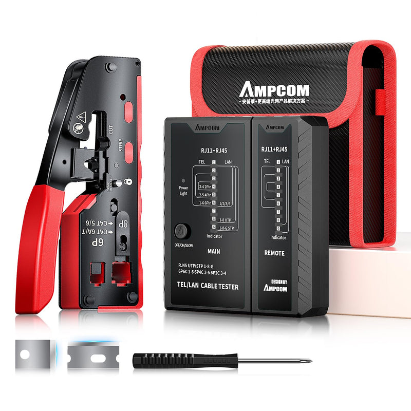 [Australia - AusPower] - AMPCOM Pass Through RJ45 Crimp Tool 1PC and LAN & TEL Continuity Test Tool 1 PC for CAT5E/6/6A/7/8 UTP & STP 