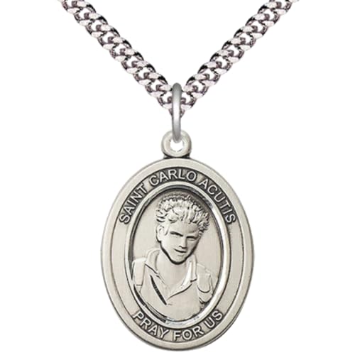 Saint Carlo Acutis 24 Inch Medal Pendant 1 x 3/4 Oval Pewter Necklace 24.0 Inches No Clasp (Endless) Chain