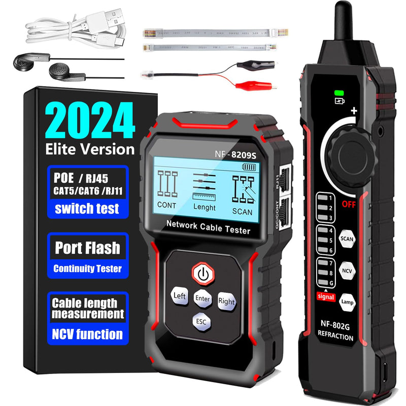 [Australia - AusPower] - NF-8209S Network Cable Tester, RJ45 Ethernet Tester for POE/Cat5/Cat7/Cat6a/Cat6/Cat5e, Wire Mapper, Length, Open/Short, Wire Fault Locator, Ethernet LAN Network Toner Tool Black And Red 