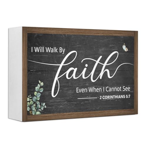 I Will Walk By Faith Wooden Box Sign Decor,2 Corinthians 5:7 Scripture Religious 10.3x6 Inches Wood Block Prayer Sign for Christian Home Office Shelf Wall Decor 2 Corinthians 5:7