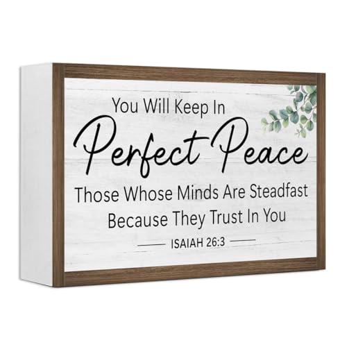 Ruvoty You Will Keep In Perfect Peace Isaiah 26:3 Bible Verse Wooden Box Sign Desk Decor,Rustic Scripture Wood Block Plaque Sign for Christian Farmhouse Home Office Shelf Tabletop Wall Decor