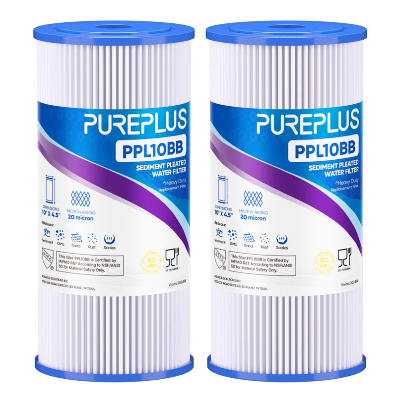PUREPLUS 20 Micron 10" x 4.5" Whole House Pleated Sediment Filter for Well Water, Replacement Cartridge for GE FXHSC, Culligan R50-BBSA, Pentek R50-BB, DuPont WFHDC3001, W50PEHD, GXWH40L, 2Pack 2 Count (Pack of 1)