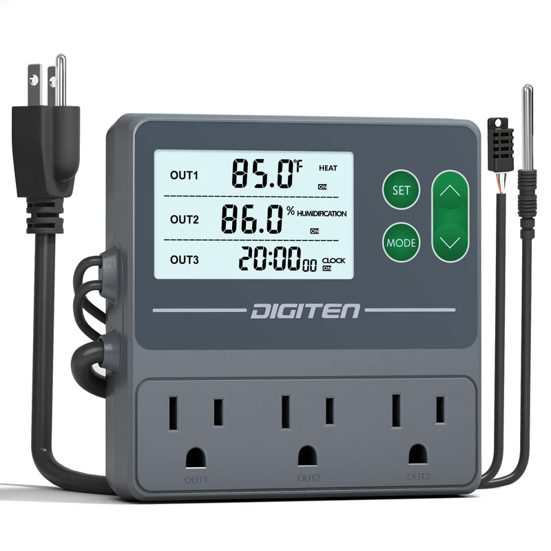 [Australia - AusPower] - DIGITEN Temperature and Humidity Controller with Timer - 3 Outlet, 2 Separate Probes, Plug in Temperature Controller for Reptiles,Snake, Mushrooms, Tent, Triple Control for Temp,Humidity,Time 