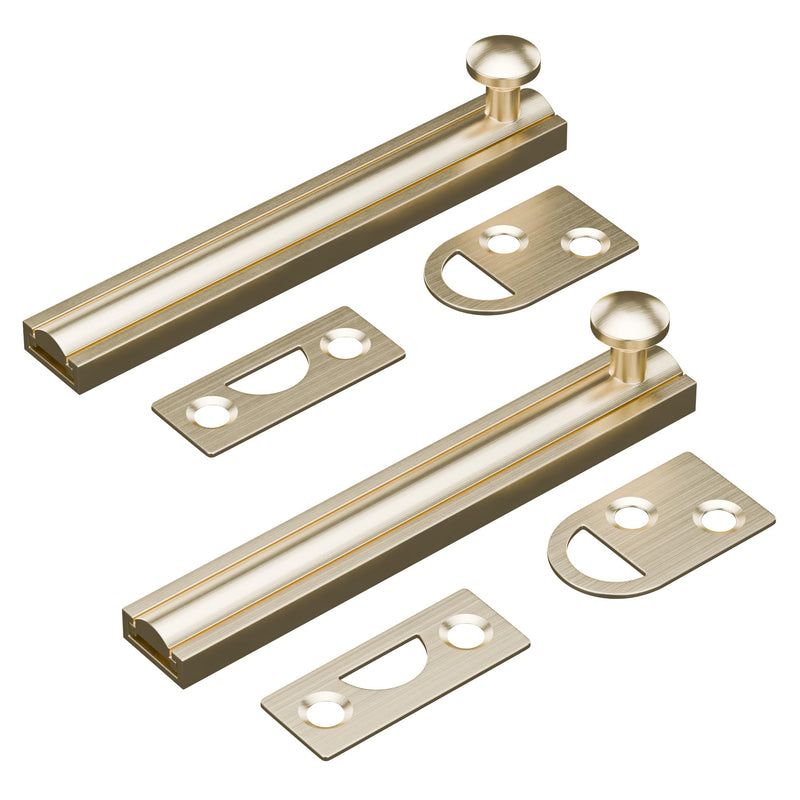 4 Inch Solid Brass Surface Bolt, Heavy Duty Concealed Slide Surface Door Bolt, Slide Bolt Latch French Door Lock with Screws for Windows Cabinet Wooden Fence Yard, Brushed Gold, 2 Pack 4 Inch Brushed Gold-2 Pack