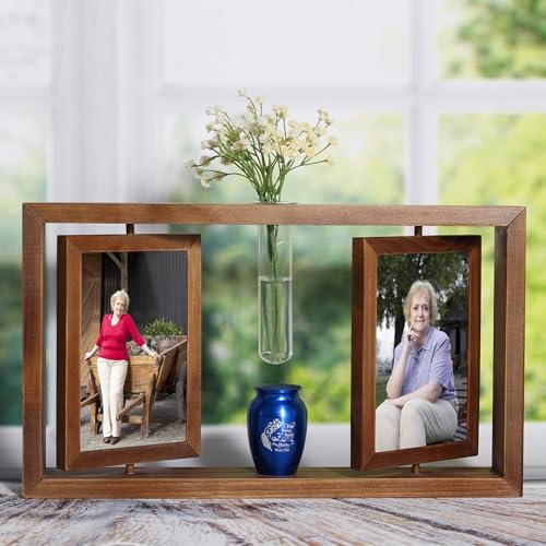 Small Urn for Human Ashes and Memorial Picture Frame Hold Two 4’’ x 6’’ Photo with Hydroponics Glass Vase,Mini Keepsake Urn（Not Included Plant）