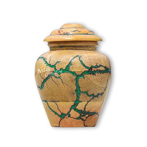 Wooden urn for Small Portion of Ashes (Small Keepsake 20 Cu in Capacity) Urn for Man and Women Burial and Funeral Urn Handcrafted | Unique Fractal Burning Design (Green, Small Keepsake 20 Cu) Green Small Keepsake (20 cu. in.)