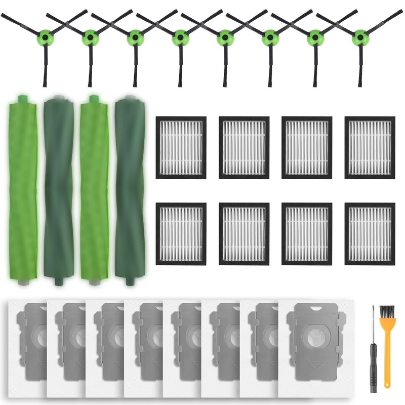 [Australia - AusPower] - Replacement Parts for iRobot Roomba i2 i3 i3+ i4 i4+ i6 i6+ i7 i7+ i8 i8+/Plus E5 E6 E7, Robot Vacuum Accessories, 2 Set Roller Brush 8 Filters 8 Side Brushes 8 Vacuum Bags E/I/J Series Replacement Parts - Green 