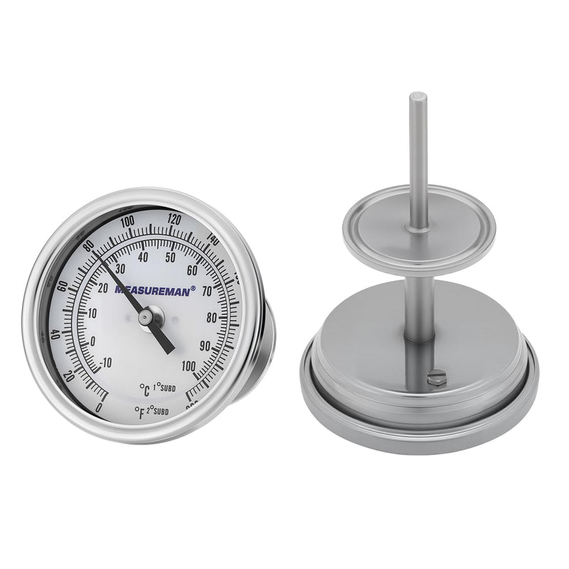 [Australia - AusPower] - MEASUREMAN 1.5" Tri-Clamp Sanitary Thermometer - 3" Easy-to-Read Analog Dial for Homebrewing, Mash Tuns, and Kettles, 4" Stem Probe, 0-200°F Range 