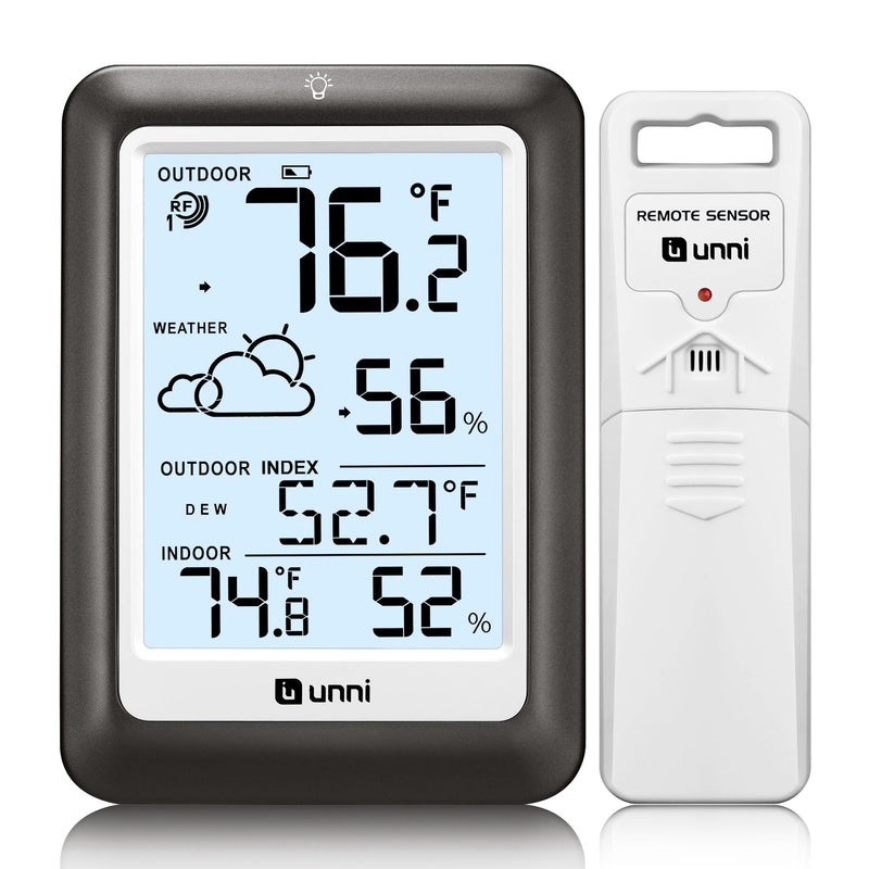 Indoor Outdoor Thermometer Wireless Weather Station, Temperature Humidity Monitor Battery Powered Inside Outside Thermometers with 330ft Range Remote Sensor and Backlight Display（Metal Black） Metal Black