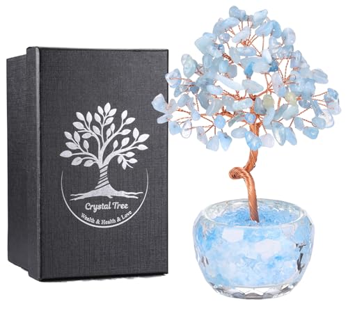 PESOENTH Aquamarine Crystal Tree of Life,Healing Crystal Stone Tree Spiritual Gifts for Women Mom Birthday,Blue Gemstone Trees Feng Shui Home Room Decor for House Warming Gifts Aquamarine Crystals Tree