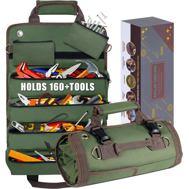 Roll Up Tool Bag, Heavy Duty Tool Organizer with 2 Detachable Zipper Pouches, Compact Durable Tool Storage for Men Women, Perfect for Handyman, RV Owners, Dad Birthday or Father’s Day Gifts