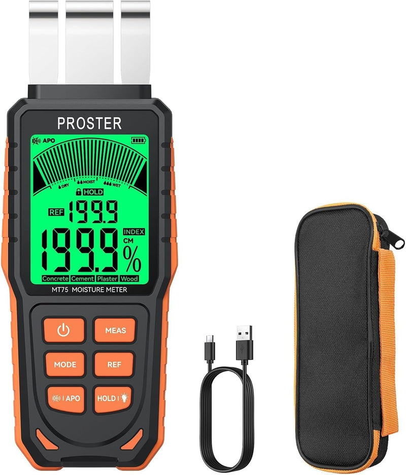 [Australia - AusPower] - Proster Rechargeable Moisture Meter - Wall Moisture Meter with 5 Modes (Index, Concrete, Cement, Plaster, Wood) & 3-Colour Screen, Pinless Damp Tester with Visual & Sound Alerts Detects up to 40mm Rechargeable Bendable Induction Moisture Meter 