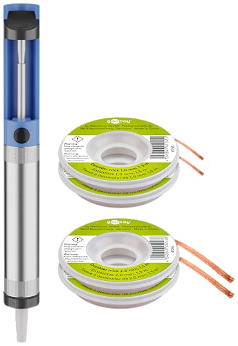 Goobay Soldering Iron Set - Desoldering Pump with 2 x Desoldering Braids 2 mm, 1.5 Meter Coil - Ideal for Soldering Iron Applications Soldering iron set with desoldering pump