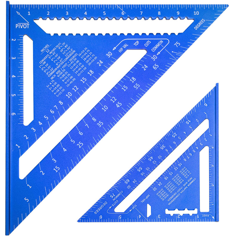 Beslands Aluminum 12 inch & 7 inch Rafter Square Carpenter Set Measuring Layout Tool Alloy Metal Triangle Ruler Protractor for Woodworking and Carpentry Imperial, Blue 7" + 12" - Set