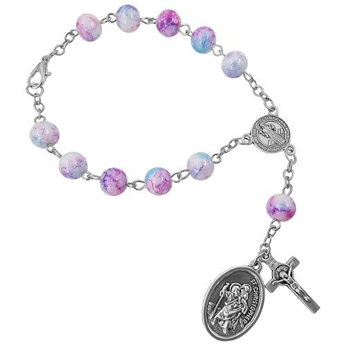 TALISMAN4U St Benedict Rosary for Car Rearview Mirror St Christopher Medal Pink Blue Glass Beads