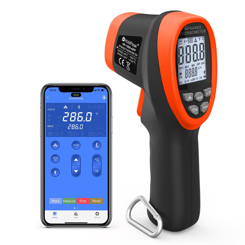 [Australia - AusPower] - HOLDPEAK Non-Contact Infrared Thermometer with APP, High Temp Laser Temperature Gun (-58°F~2732°F), D:S=30:1, MAX/MIN/AVG/DIF, High/Low Temp Alarm, Backlight for Industrial & Home Use (NOT for Human) 1500APP-OR-HIT 