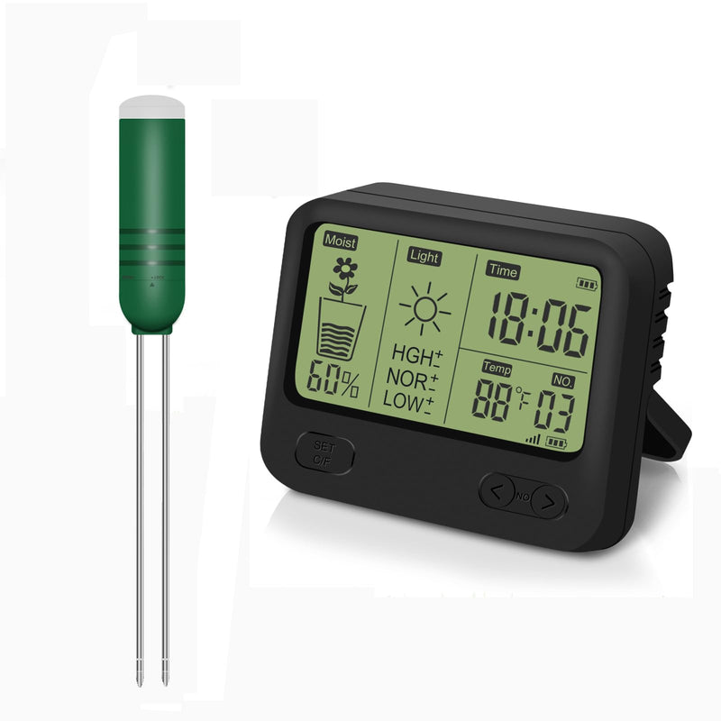 4-in-1 Wireless Soil Moisture Meter/Thermometer/Sunlight/Time,PH Paper, Waterproof Plant Moisture Sensor Meter with Digital LCD Display for Garden, Lawn and Indoor Plants 4-in-1 Display+1 Sensor