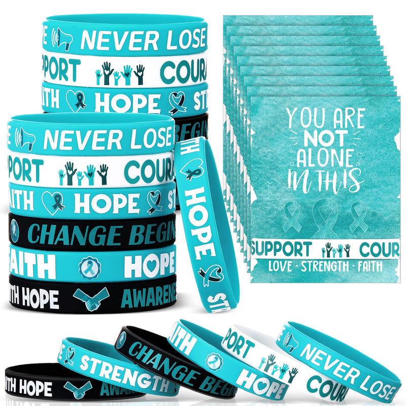 [Australia - AusPower] - 30 Sets/ 60 Pcs Teal Ribbon Awareness Silicone Wristbands with Cards Include 30 PTSD Awareness Wristband 30 You Are Not Alone Card for PTSD Assault Anxiety Disorder Ovarian Cancer Awareness 