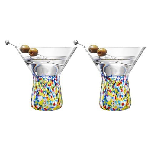 Large Stemless Martini Glasses – Set of 2-8oz Luxury Hand Blown Confetti Margarita, Martinis, Cocktails, Water, Wine, Dessert & Champagne Glasses Cinco de Mayo, Hand Blown - Mexican Confetti Glass Mexican Confetti Martini Glass