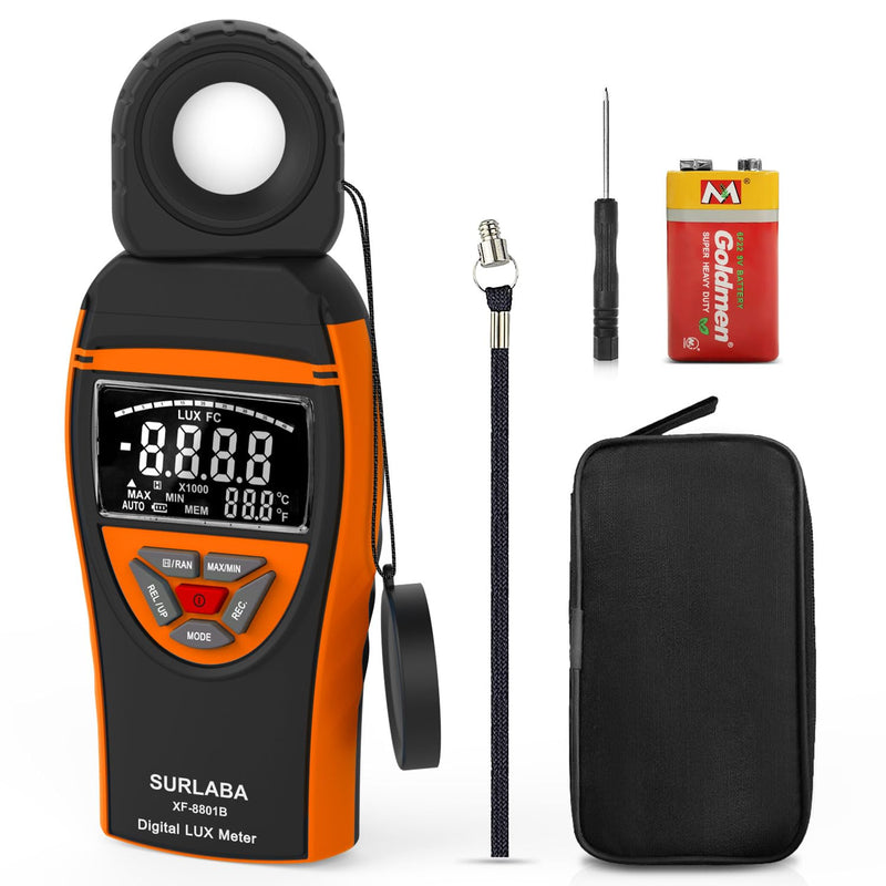 [Australia - AusPower] - Digital Light Meter 0.1-400,000 Lux - Professional Lux/FC Tester with Temperature Sensor, MAX/MIN Hold & 90° Rotatable Sensor for Photography, Plants, and Indoor Lighting (Orange) 