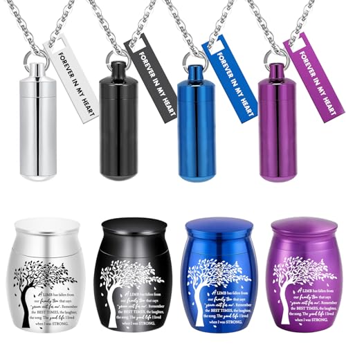 8Pcs Urn Necklace for Ashes Tree of Life Cremation Urn Waterproof Carved Ashes Locket with Cylinder Jewelry for Ashes with Forever in my heart ﻿ ﻿ (8Pcs)
