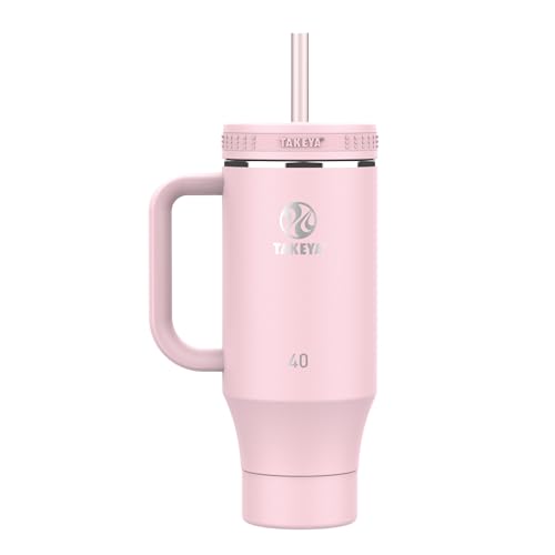 Takeya Stainless Steel Tumbler with Handle and Straw (40 oz, Blush) - Insulated Water Bottle with Straw for Water & Iced Beverages 40 Ounces