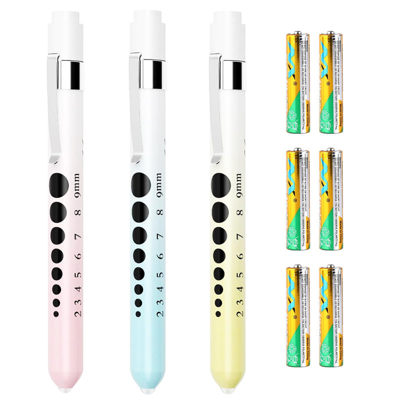 [Australia - AusPower] - Pen Light for Nurses, 3 Pack Medical Pen Lights with Pupil Gauge for Doctor Nurse Student with Baked Porcelain Finishing Aluminum Alloy Body Penlights,White Light Led,6 AAA Powerful Batteries Gradient Blue + Gradient Yellow + Gradient Pink 