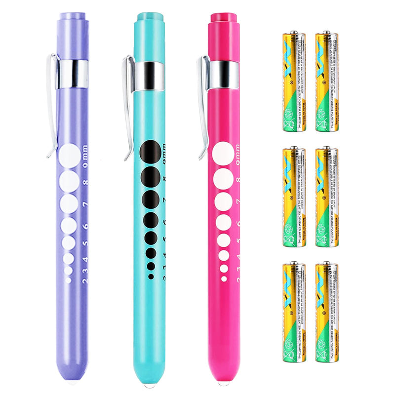 [Australia - AusPower] - Pen Light for Nurses, 3 Pack Medical Pen Lights with Pupil Gauge for Doctor Nurse Student with Baked Porcelain Finishing Aluminum Alloy Body Penlights, White Light Led, 6 AAA Powerful Batteries Pink + Sky Blue + Light Purple 