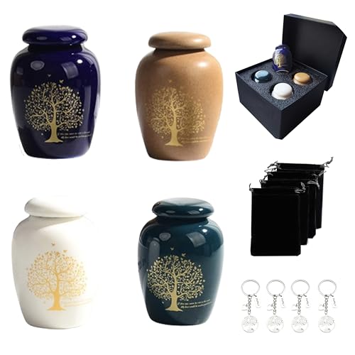 Small Ceramic Urns for Human Ashes Set of 4, Mini Keepsake Urns with Tree of Life Design, Elegant Memorial Decorative Urns Sharing with Families, 2" ×2.8", Tree