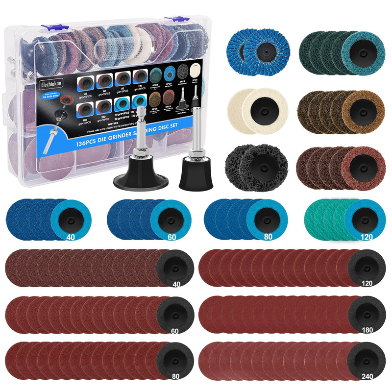 136 pieces CSD sanding discs, grinding tool set, 50 mm A/O quick release disc, wheel hub grinder for mini compressed air sander, grinding wheel, grinding, polish, burr, paint removal | Drill Grinding Attachment with 1/4" Shank Holder Lock for Surface T...