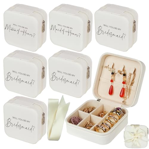 6 Pack Bridesmaid Jewelry Box with Ribbon, Maid Matron of Honor Small Travel Jewelry Case for Women, Bridesmaid Proposal Gifts, Wedding White