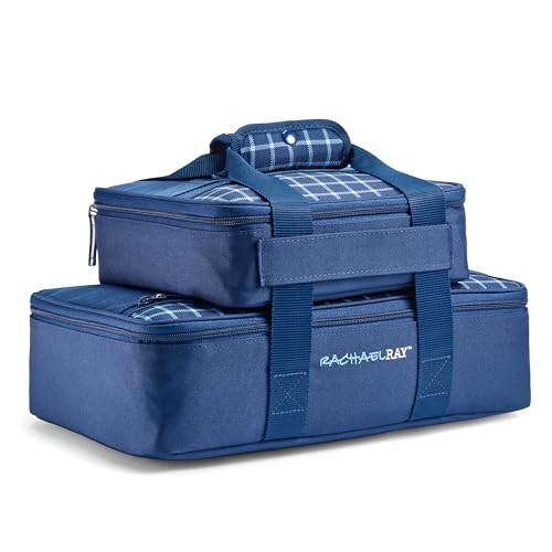 Rachael Ray Lugger Duo, Insulated Casserole Carrier for Hot or Cold Food, Thermal Lasanga Lugger Tote for Potluck, Parties, Picnic, and Cookouts, Fits 9" x 13" Baking Dish, Navy Gingham
