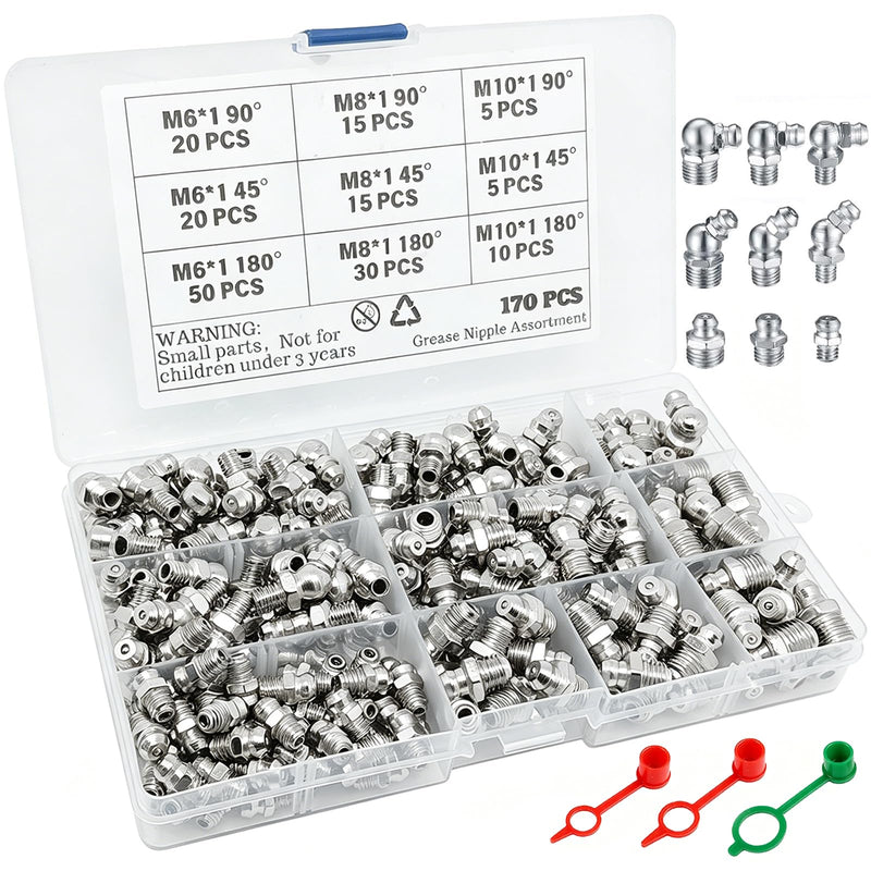 Pack of 260 Grease Nipples Assortment M6 M8 M10 45° 90° 180° | Tapered lubrication nipple with grease nipple caps, nickel-plated iron, for lubricating presses