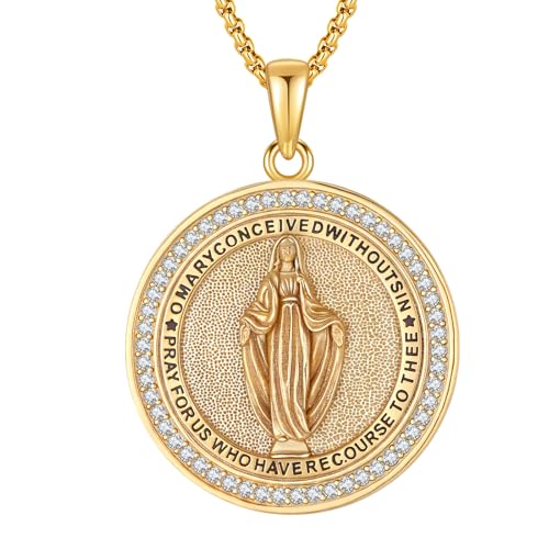 Virgin Mary Necklace Medal for Women, 925 Sterling Silver Saint Mary Mother 18K Gold Plated Catholic Medal Pendant Faith and Divine Amulet Religious Jewelry Gifts Gold Plated St Mary